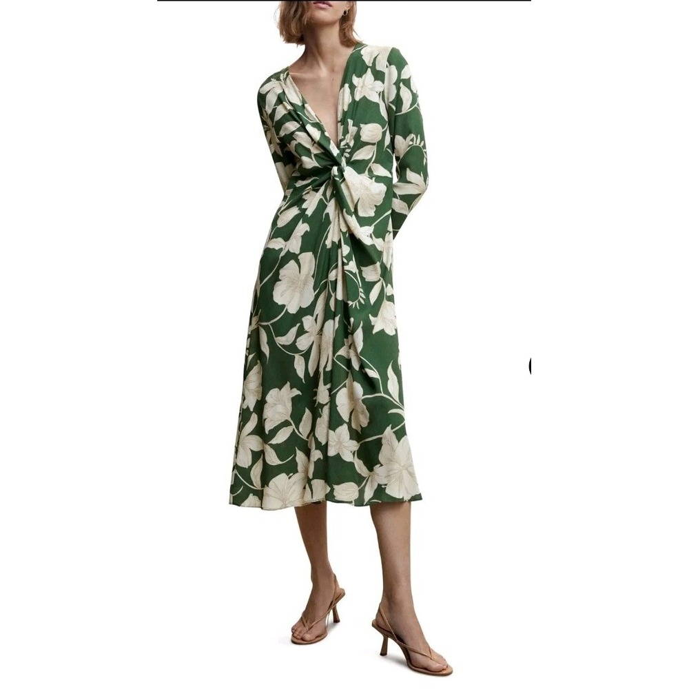 Mango MNG Women Green Floral Midi Dress 4 Green Knot‎ Front Resort Vacation